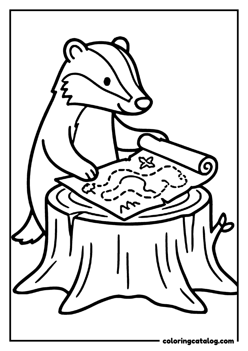 Animal coloring page of a badger unrolling a treasure map across a tree stump