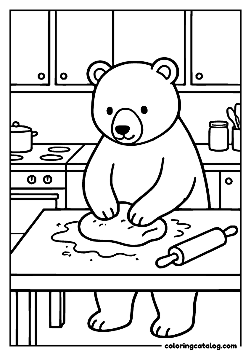 Animal coloring page of a bear kneading dough on a kitchen table, a rolling pin beside it and a stove behind