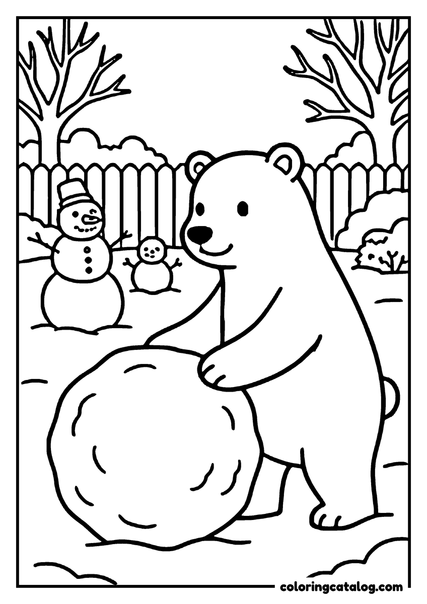 Animal coloring page of a bear rolling a big snowball across a snowy garden, two snowmen already built