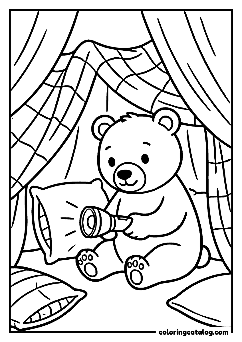 Animal coloring page of a bear sitting inside a blanket fort with a flashlight and cushions