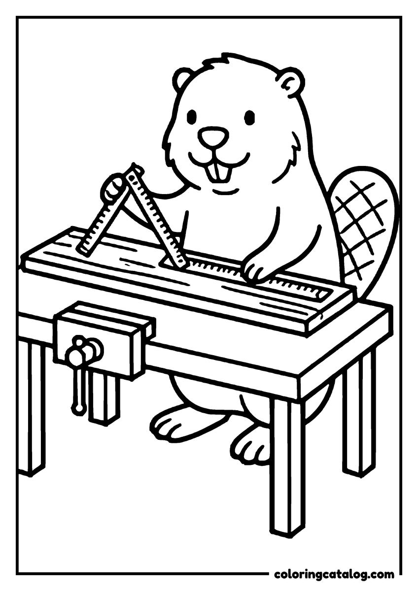 Animal coloring page of a beaver measuring a plank with a folding rule at a workbench, a vice on the bench