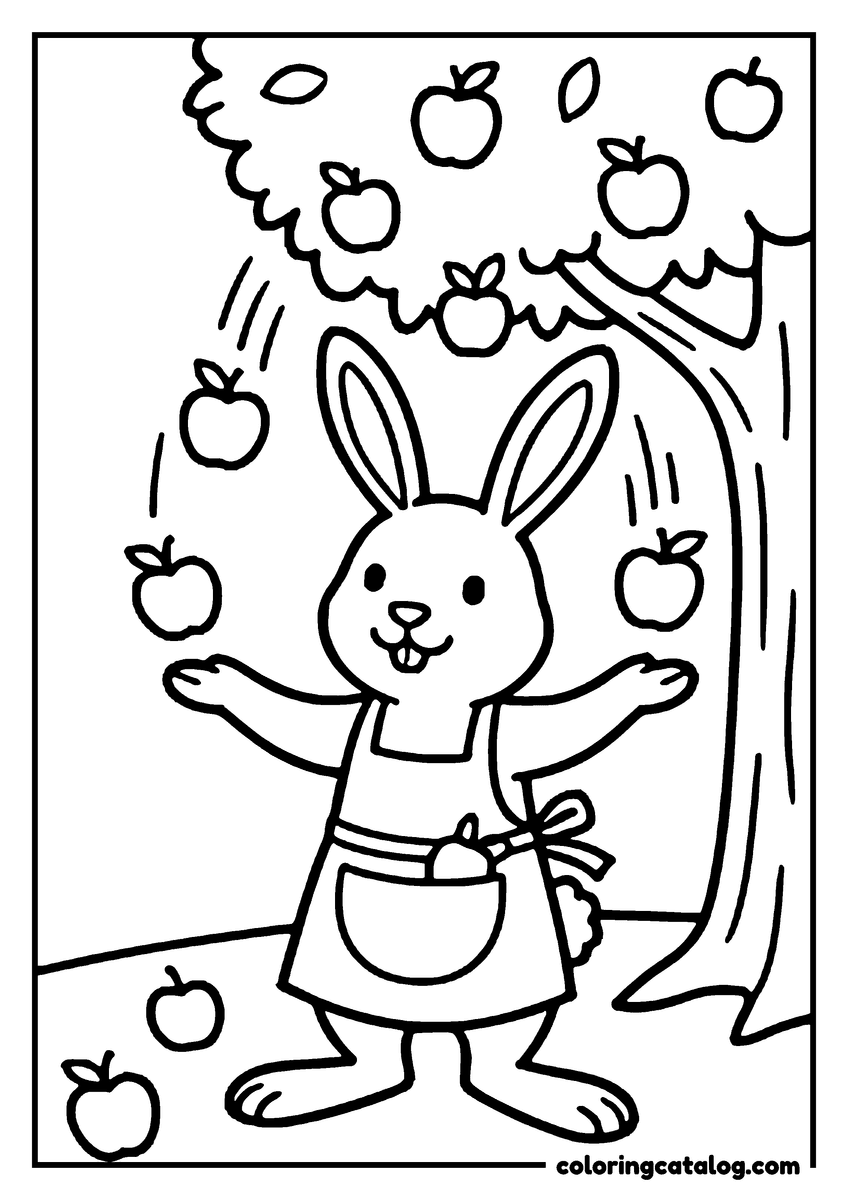 Animal coloring page of a bunny in an apron catching apples falling from an apple tree