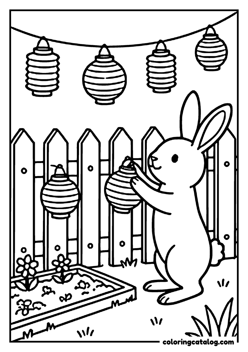 Animal coloring page of a bunny hanging paper lanterns on a picket fence beside a garden bed