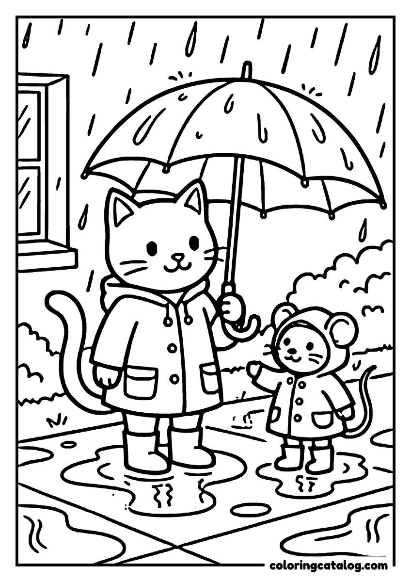 Animal coloring page of a cat and a mouse in raincoats sharing an umbrella in the rain, puddles underfoot