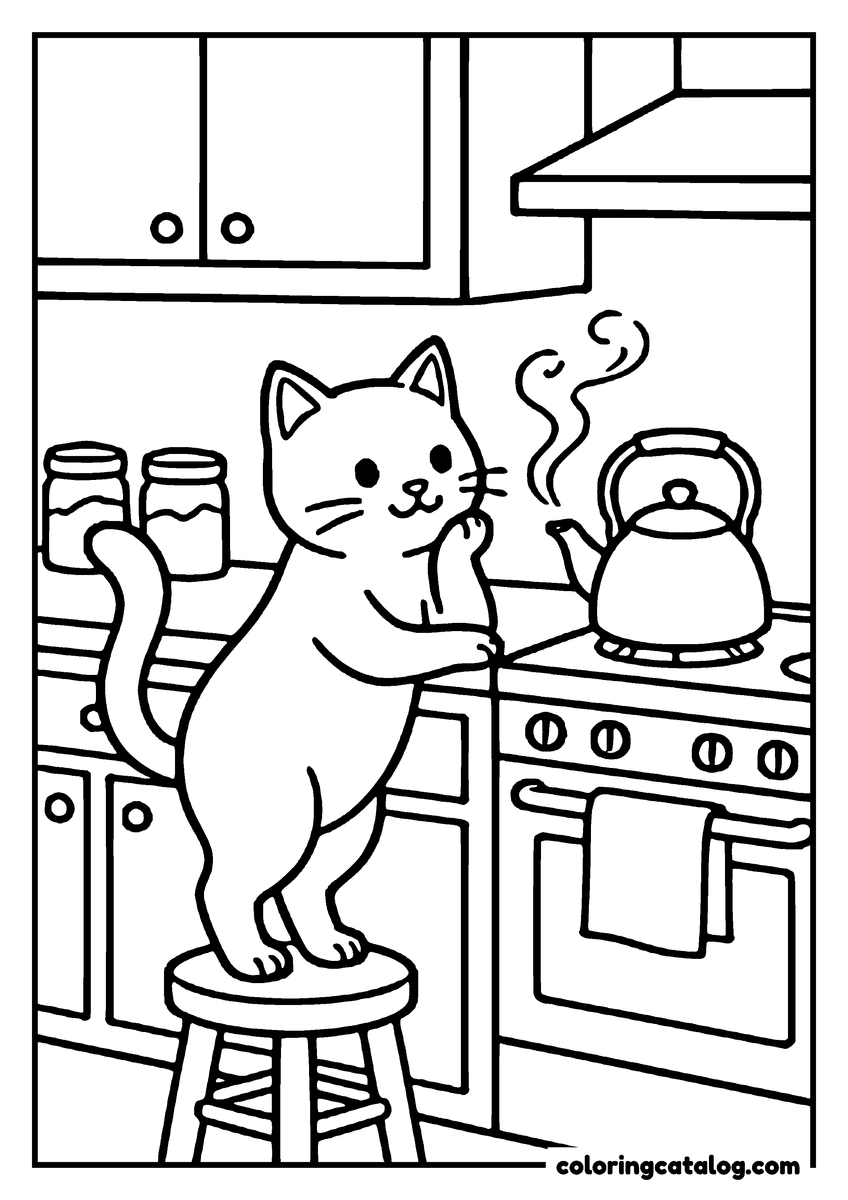 Animal coloring page of a cat on a stool watching a kettle whistle on the stove