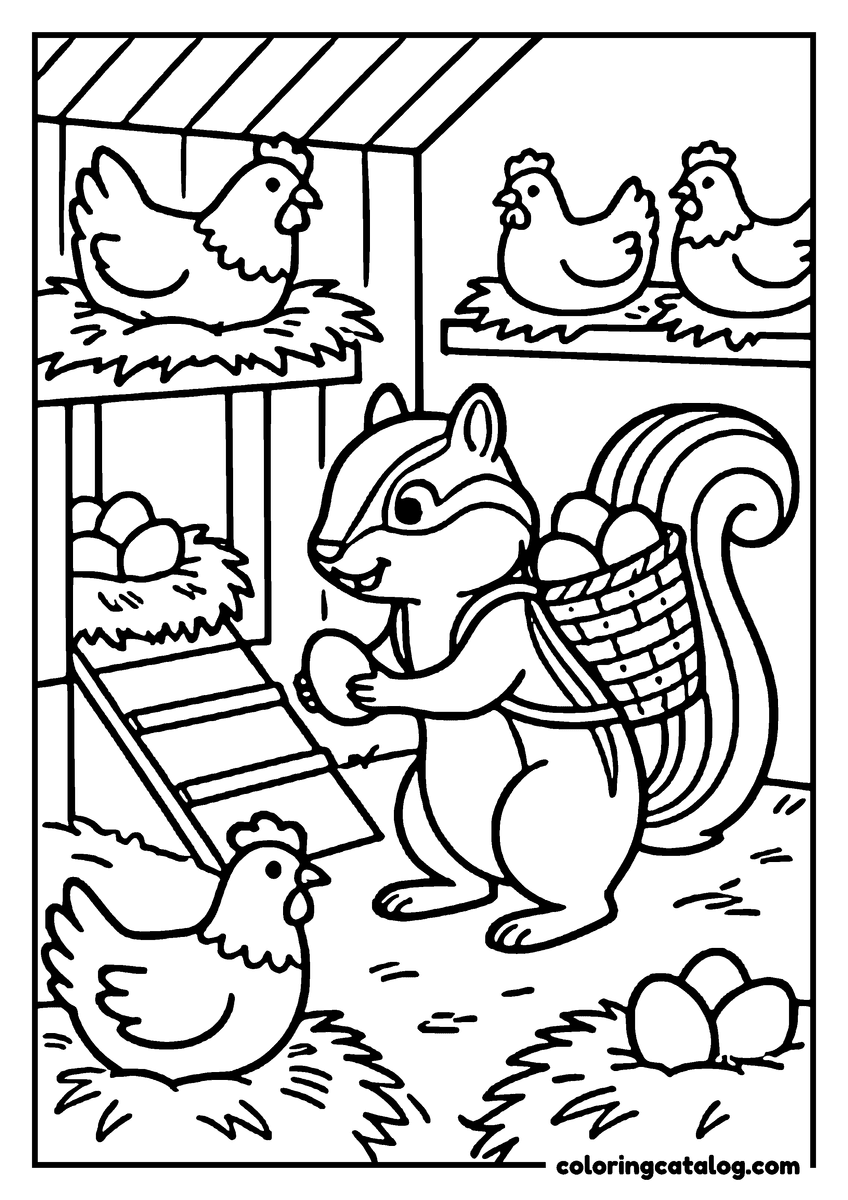 Animal coloring page of a chipmunk with a basket on its back collecting eggs in a henhouse among hens and nests