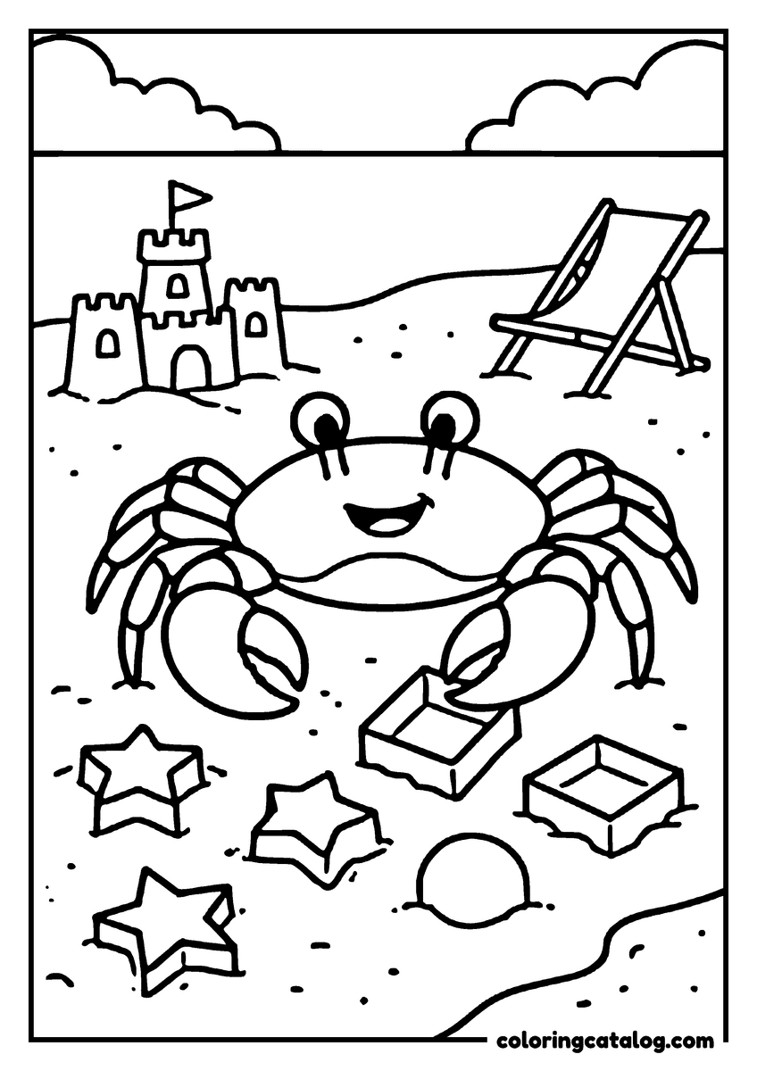 Animal coloring page of a smiling crab stamping star and square shapes into the sand, a sandcastle and a deckchair behind