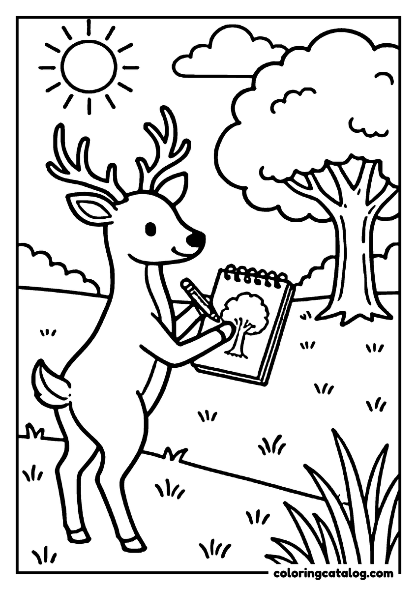 Animal coloring page of a deer sketching a tree on a notepad in a sunny meadow