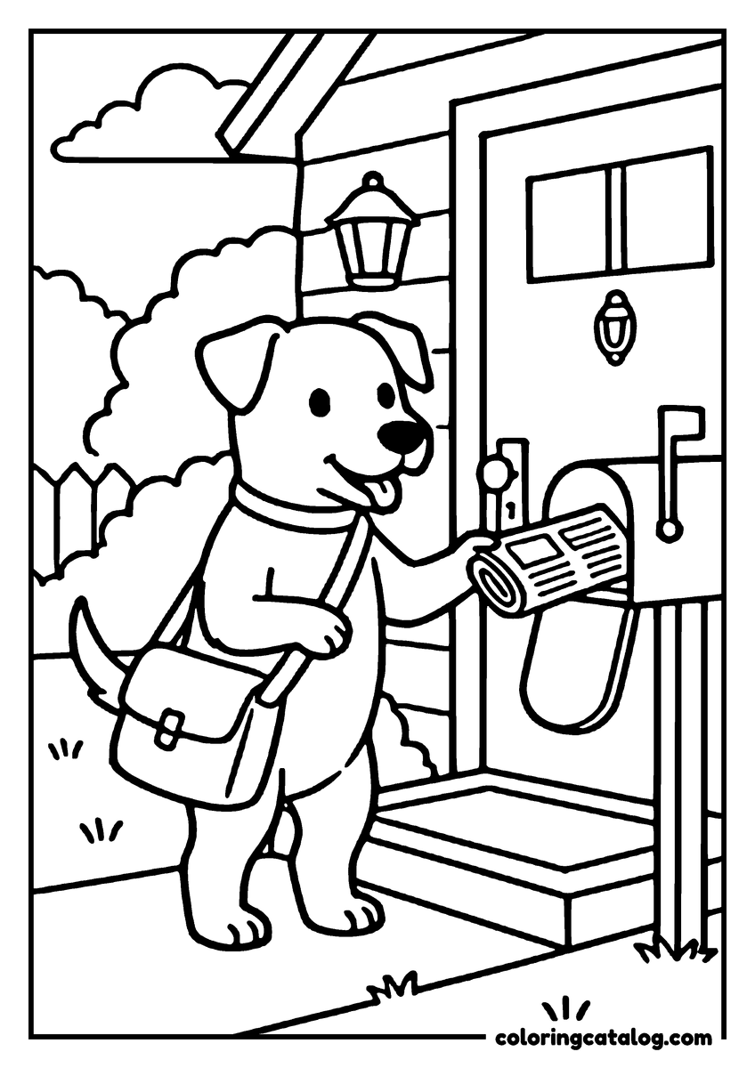 Animal coloring page of a dog with a satchel delivering a rolled newspaper to a mailbox by a front door