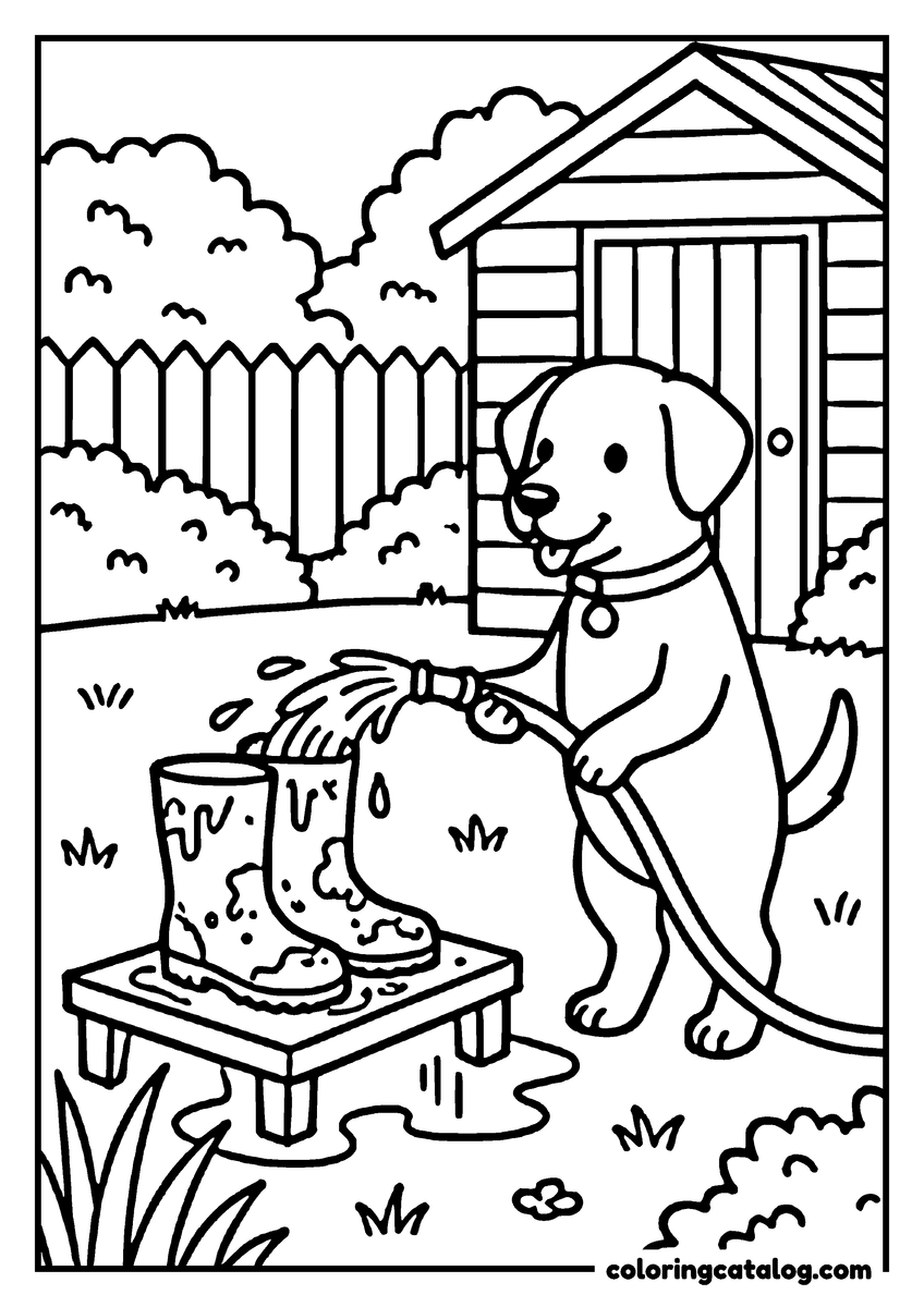 Animal coloring page of a dog spraying muddy rain boots with a garden hose in front of a shed