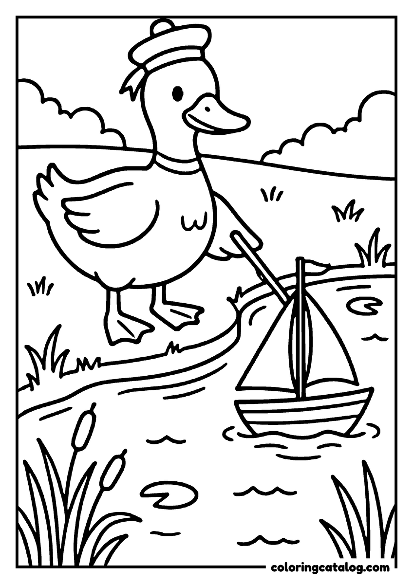 Animal coloring page of a duck in a sailor hat pushing a toy sailboat across a pond with a stick