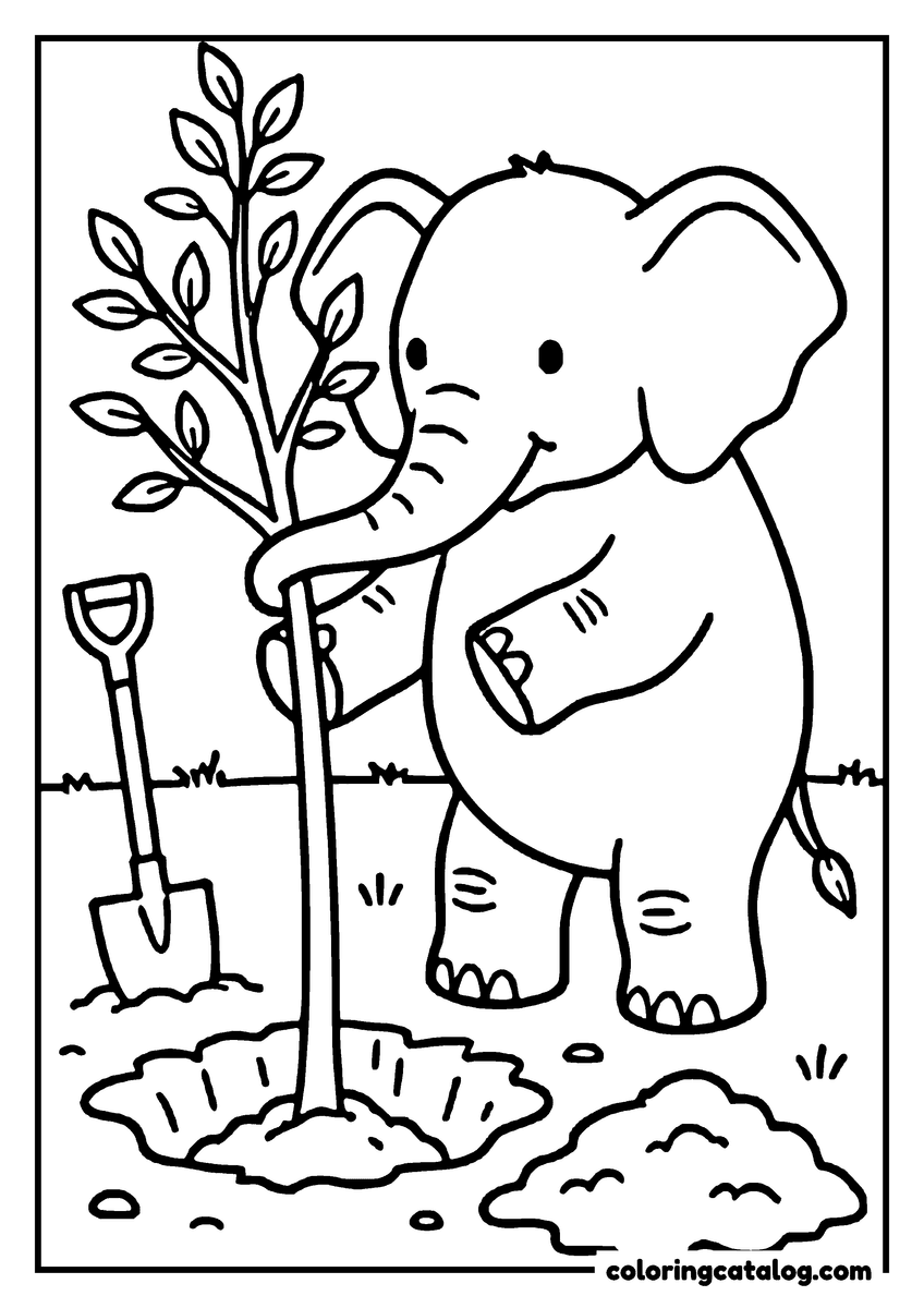 Animal coloring page of an elephant holding a young tree upright in a hole, a spade standing in the earth