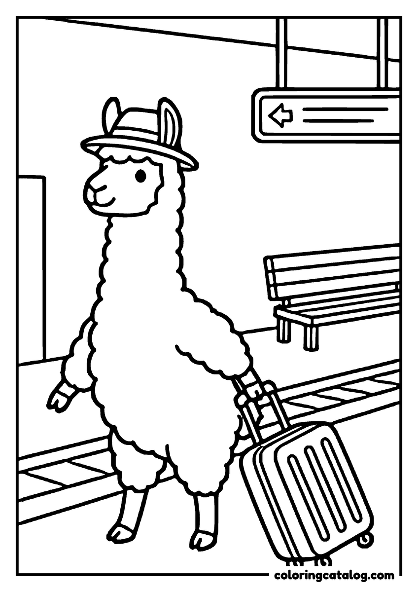 Animal coloring page of a fluffy llama in a hat pulling a suitcase along a train station platform