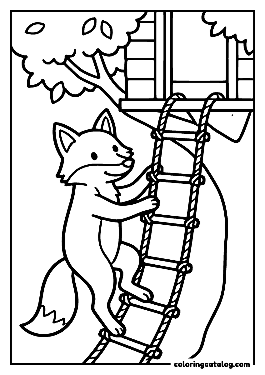 Animal coloring page of a fox climbing a rope ladder up to a treehouse