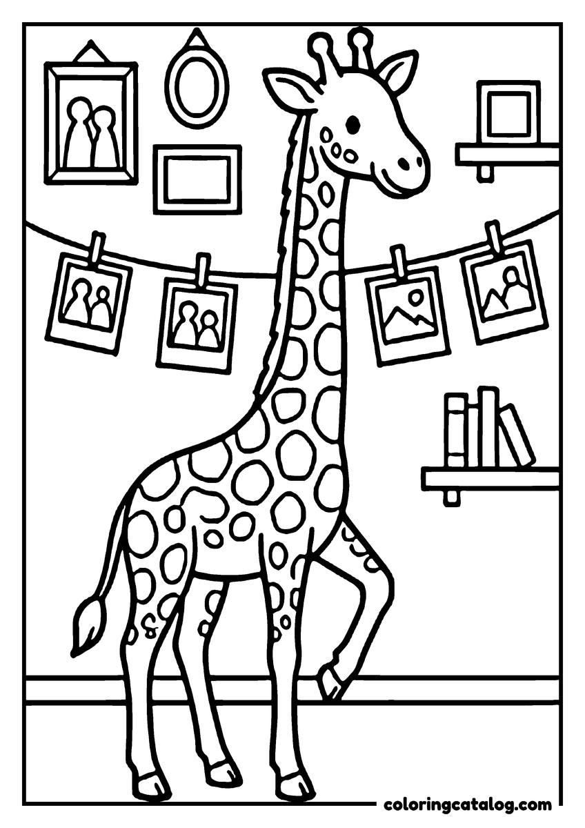 Animal coloring page of a giraffe in a room hung with framed photographs and a line of pegged pictures