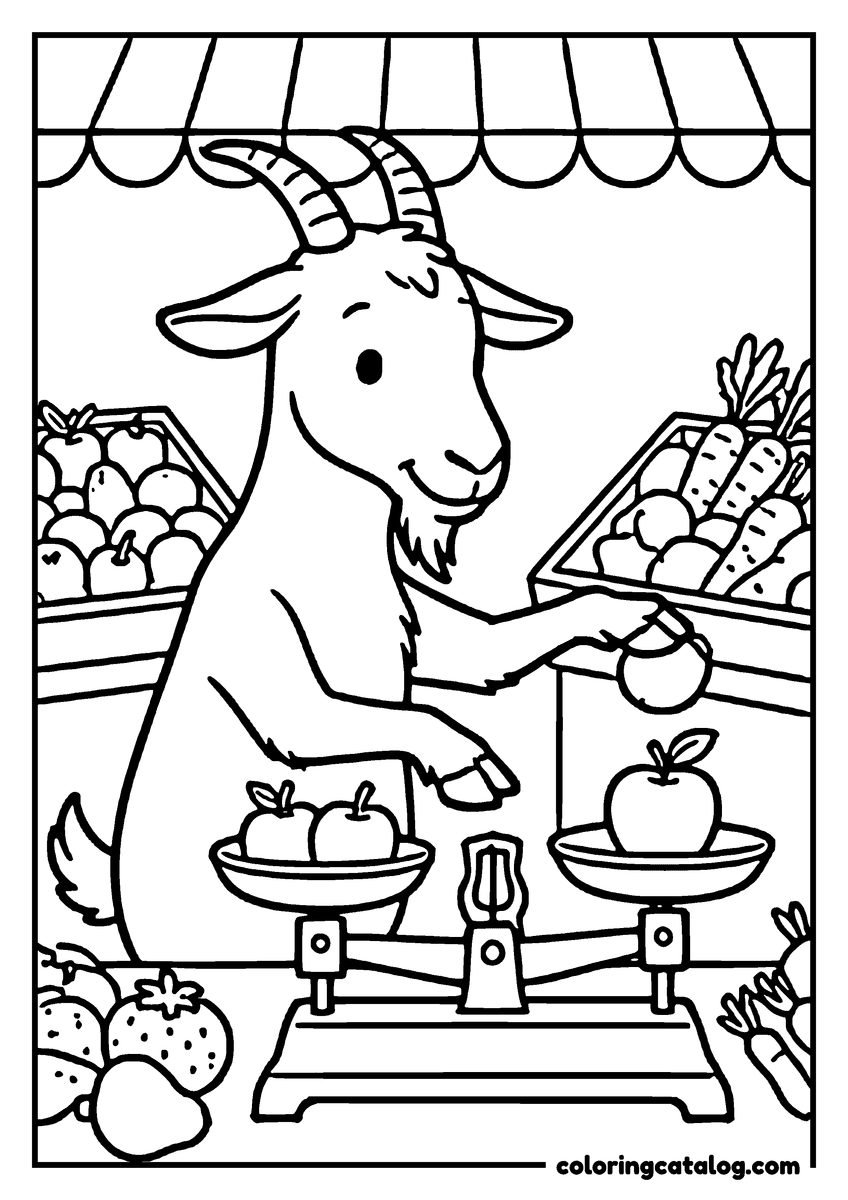 Animal coloring page of a goat weighing apples on a balance scale at a market stall full of fruit and vegetables