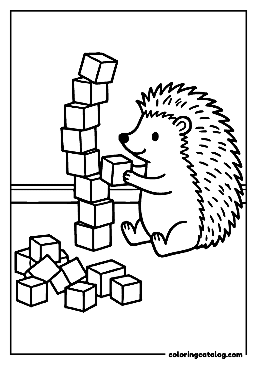 Animal coloring page of a hedgehog stacking wooden blocks into a tall tower, loose blocks on the floor
