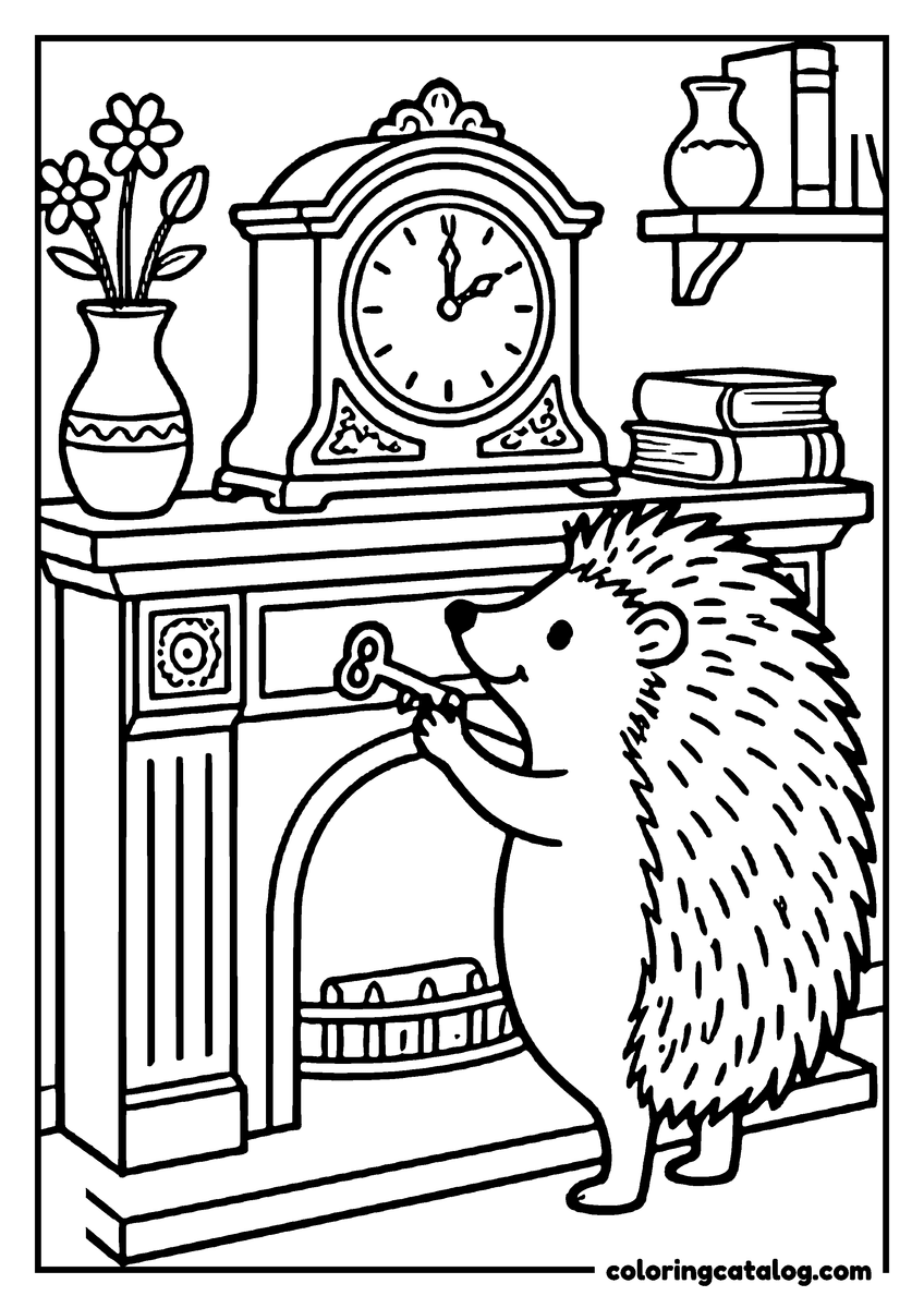 Animal coloring page of a hedgehog holding a winding key at a fireplace, a mantel clock and books above