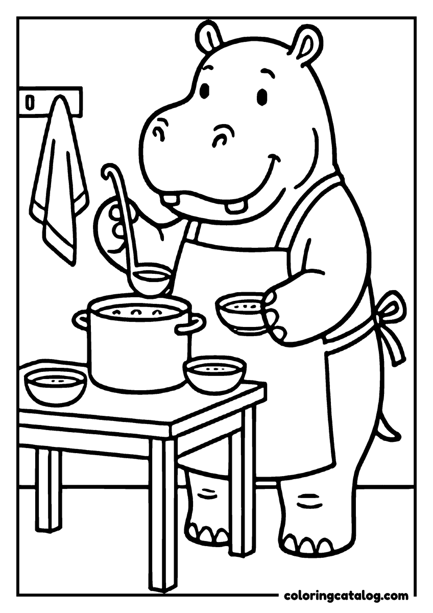 Animal coloring page of a hippo in an apron serving soup from a pot into bowls with a ladle