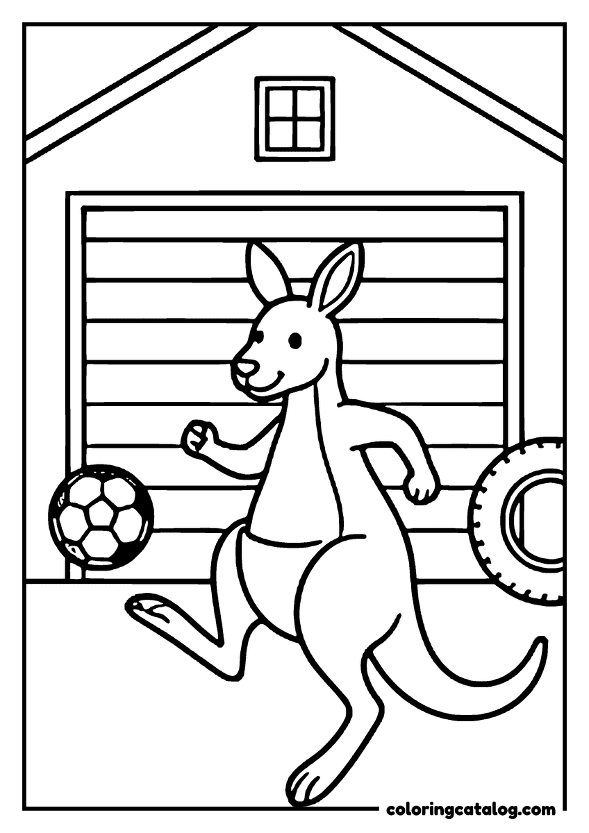 Animal coloring page of a kangaroo kicking a soccer ball in front of a garage door, a tire leaning on the wall