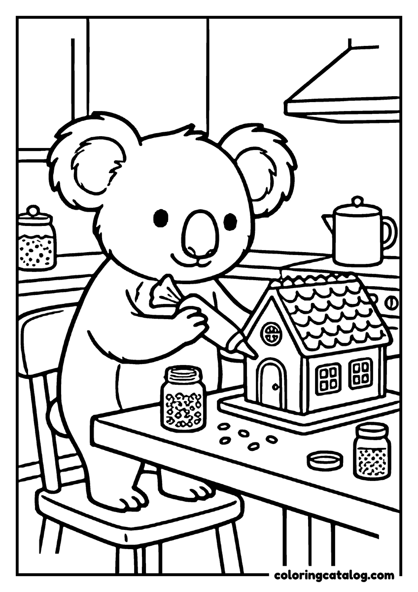 Animal coloring page of a koala piping icing on a gingerbread house in a kitchen, jars of sprinkles on the table