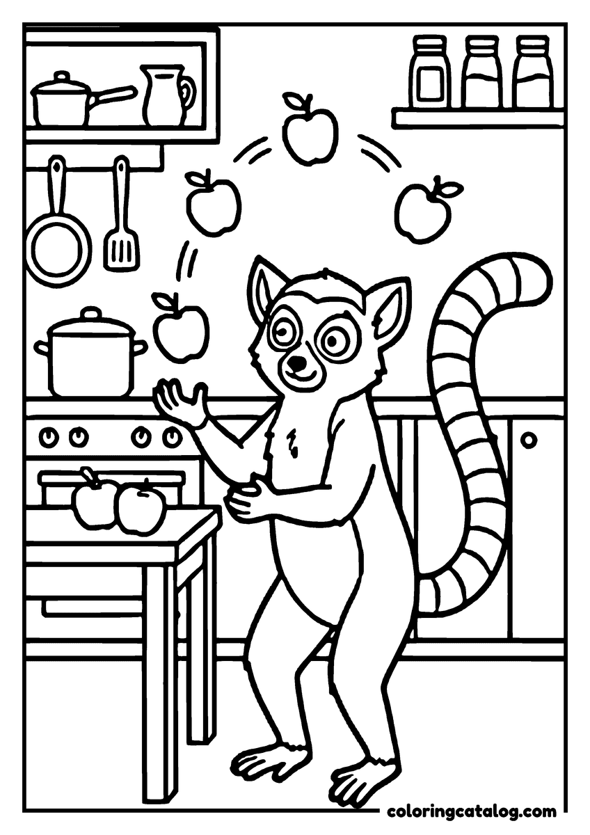 Animal coloring page of a ring-tailed lemur juggling apples in a kitchen, a pot on the stove