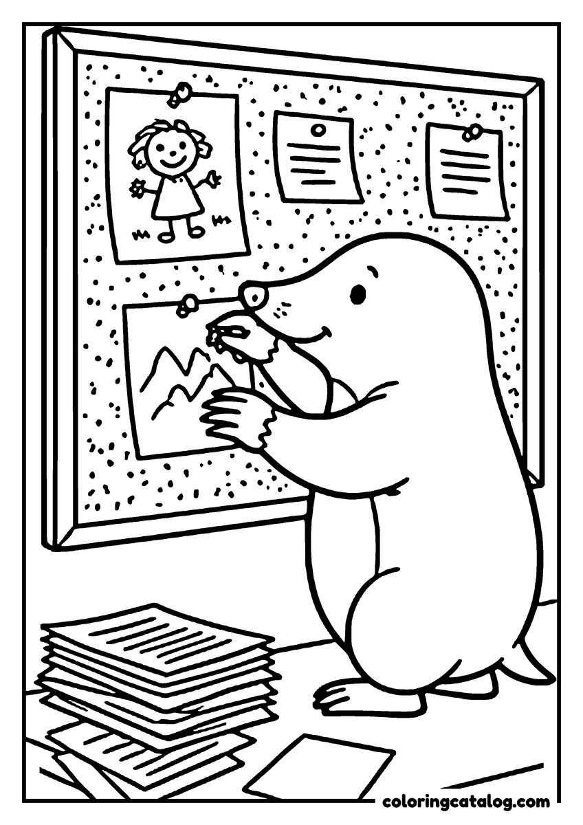 Animal coloring page of a mole pinning a drawing to a corkboard, a stack of papers on the floor