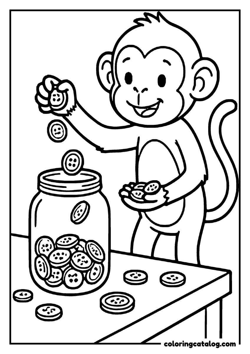 Animal coloring page of a monkey dropping round buttons into a glass jar, more buttons scattered on the table