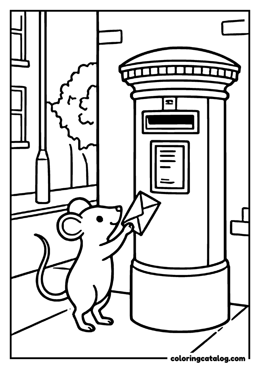Animal coloring page of a mouse posting a letter into a tall pillar mailbox on a street corner