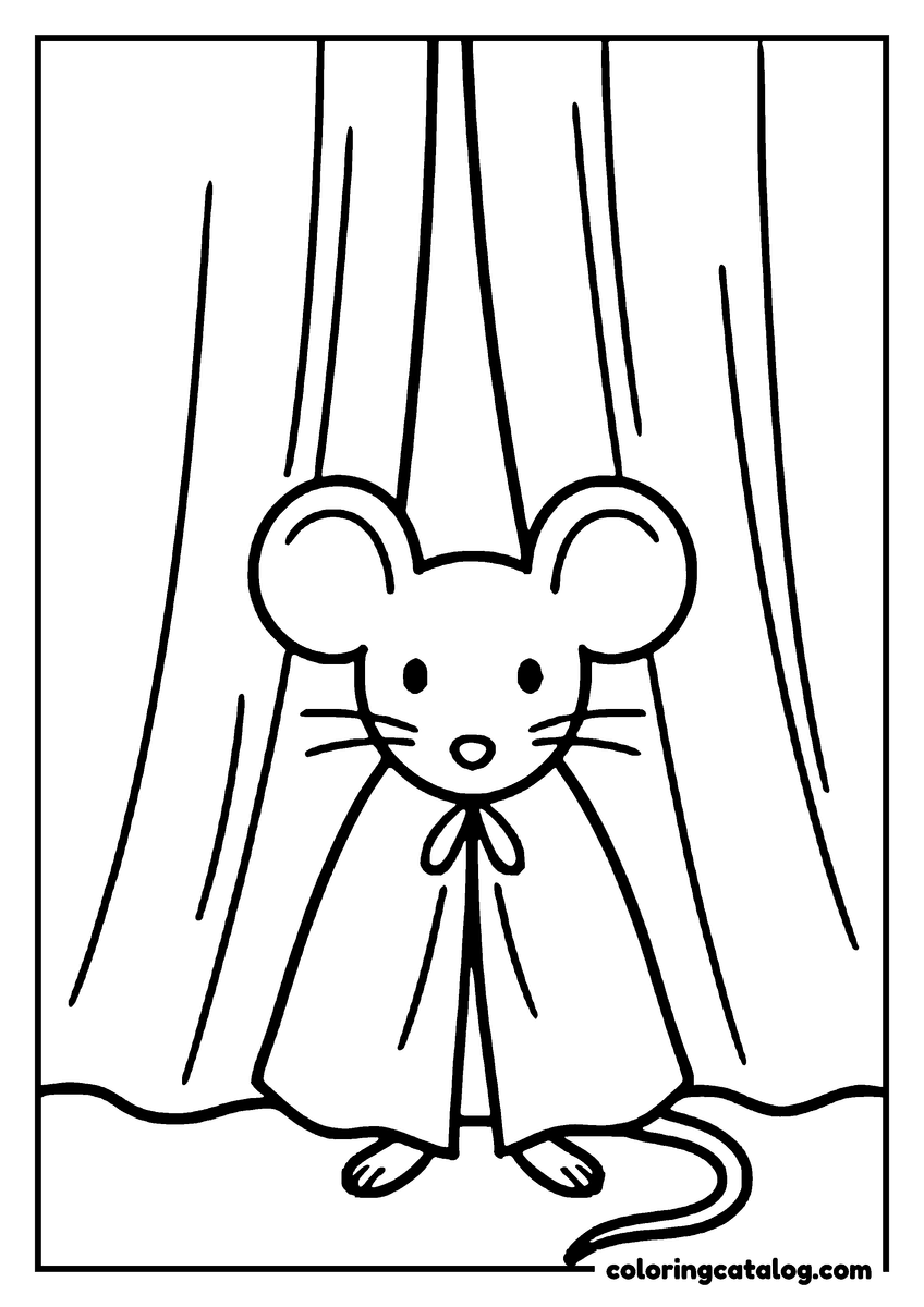 Animal coloring page of a mouse in a little tied cape standing between two long curtains, its tail curling behind