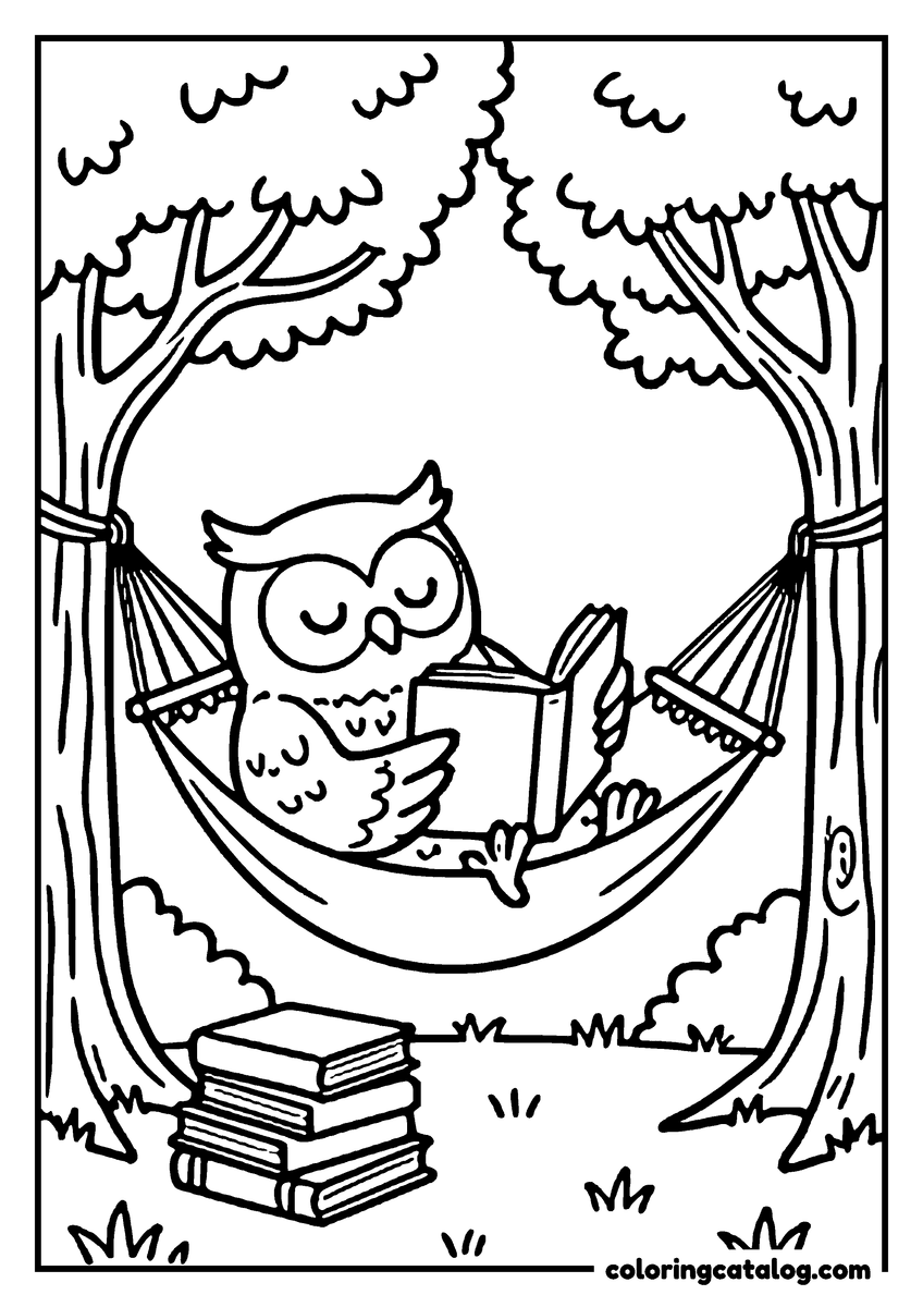 Animal coloring page of an owl reading a book in a hammock between two trees, a pile of books on the grass