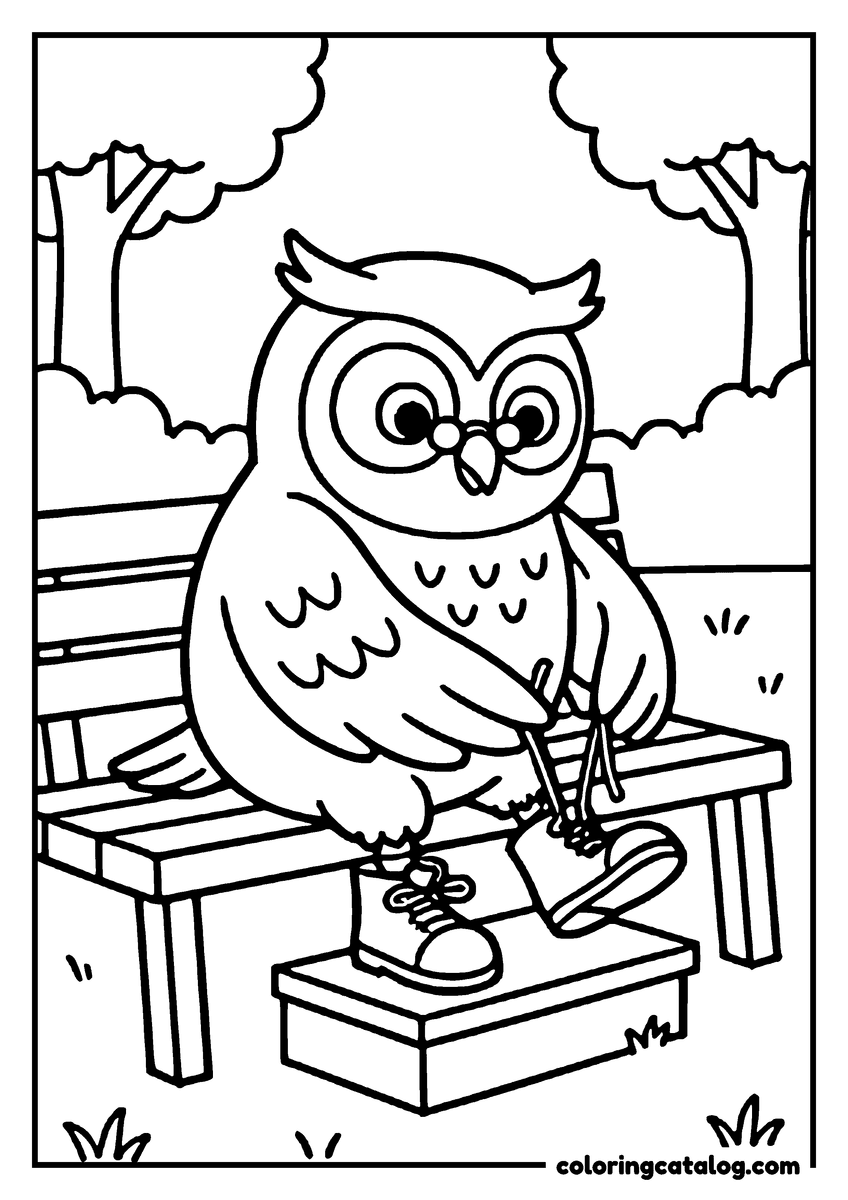Animal coloring page of an owl in glasses tying its sneaker laces on a park bench