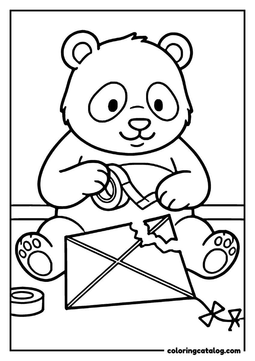 Animal coloring page of a panda mending a torn kite with tape, sitting on a wooden floor