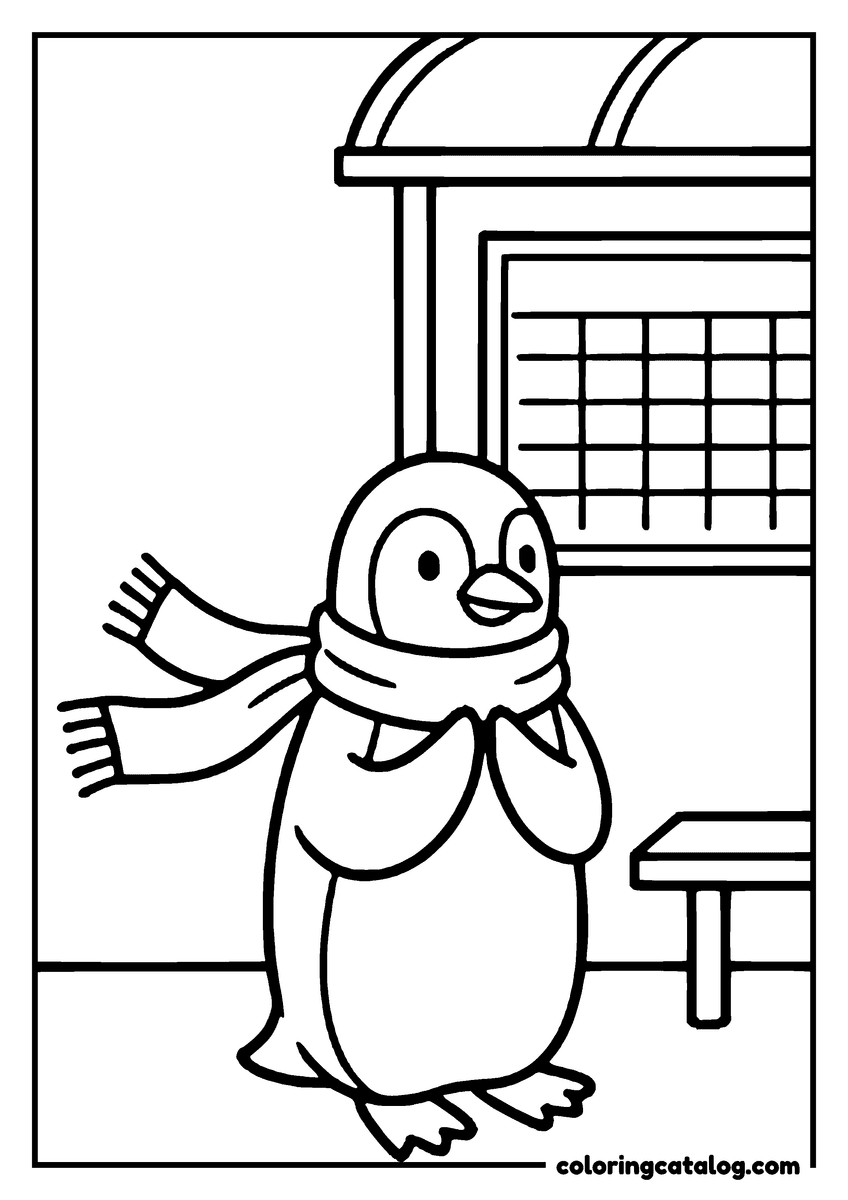 Animal coloring page of a penguin in a scarf waiting at a bus stop, the timetable board behind it