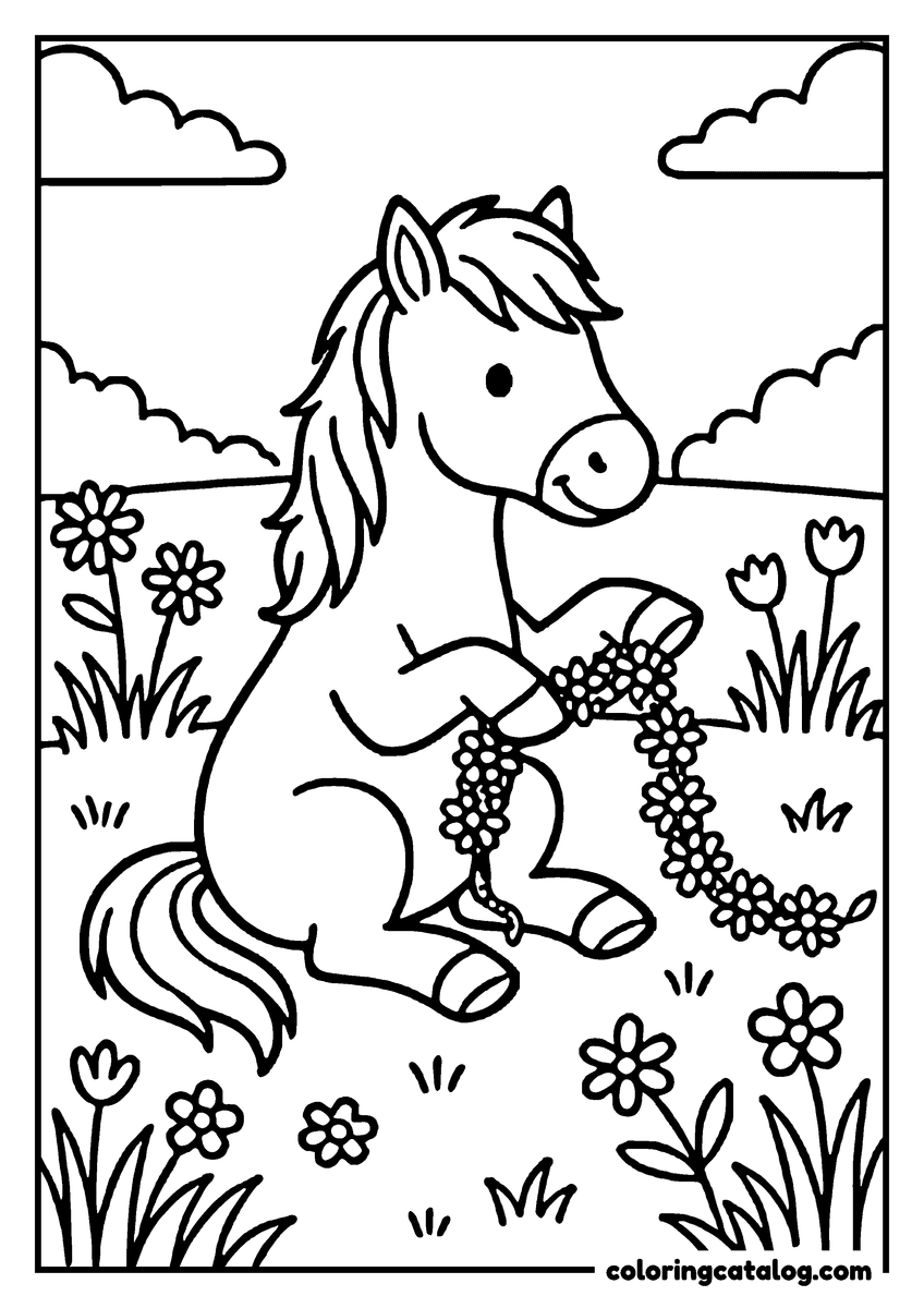 Animal coloring page of a pony sitting in a meadow weaving a daisy chain
