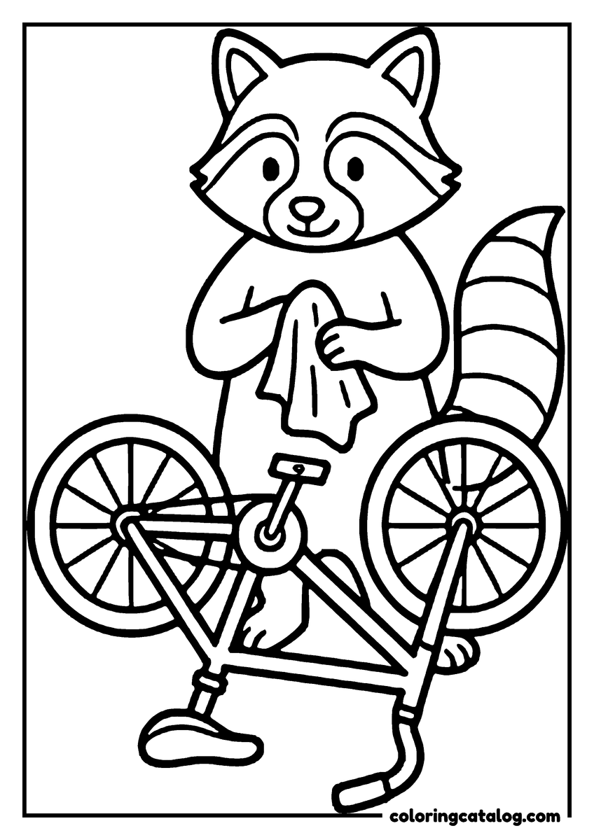 Animal coloring page of a raccoon polishing a bicycle with a cloth, the bicycle standing in front of it