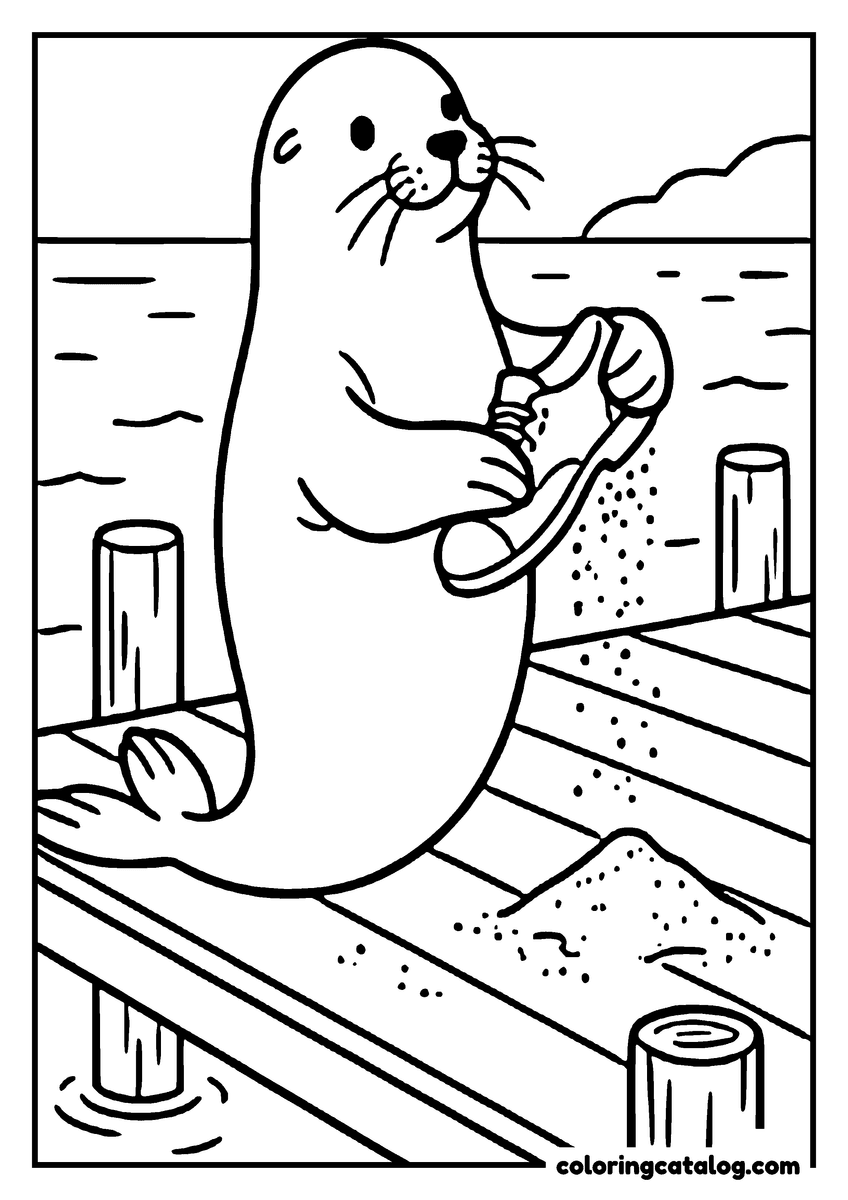 Animal coloring page of a seal on a wooden jetty shaking the sand out of a shoe