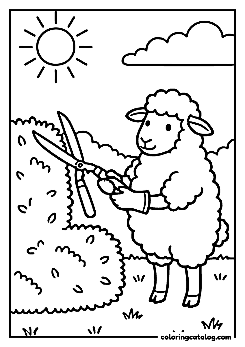 Animal coloring page of a sheep trimming a hedge with a pair of shears under a bright sun