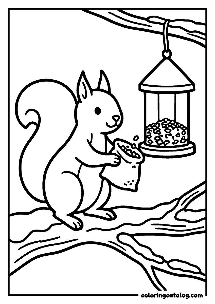 Animal coloring page of a squirrel on a branch refilling a bird feeder from a paper bag