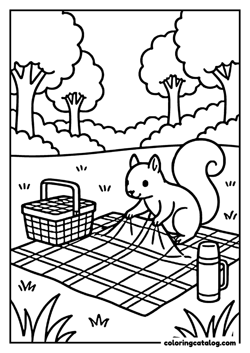 Animal coloring page of a squirrel smoothing a checked picnic blanket, a basket and a thermos beside it