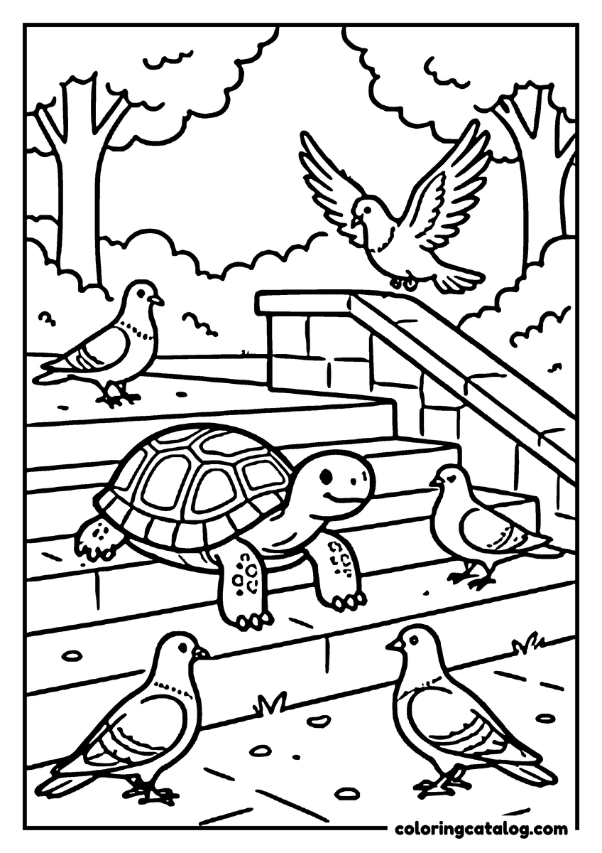 Animal coloring page of a tortoise climbing stone park steps among pigeons, one pigeon flying overhead