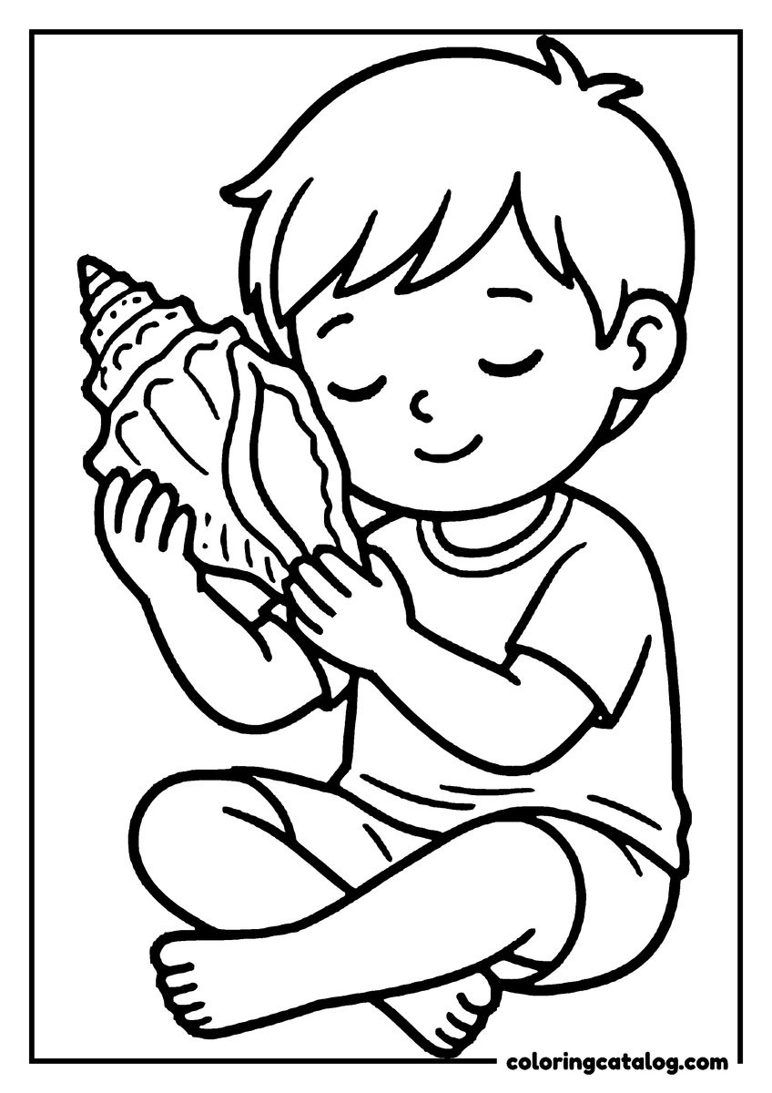Printable Beach coloring page: A boy sitting cross-legged with his eyes closed, holding a big conch shell to his ear