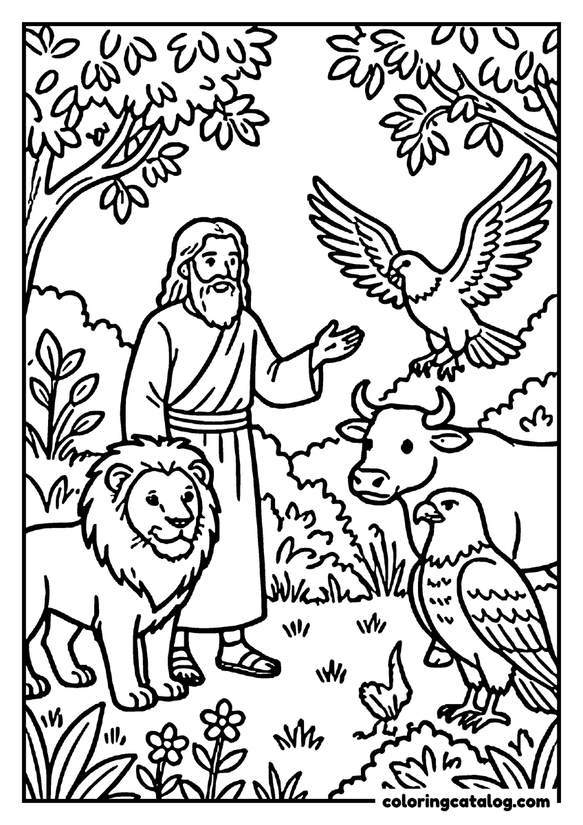 Free Bible coloring sheet: Adam in a long robe naming the animals in the garden, a lion at his side, an ox and an eagle before him and a second eagle landing in the trees