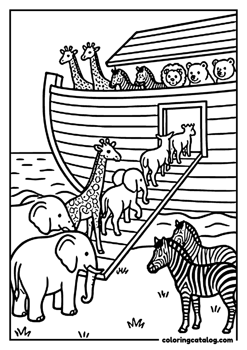 Bible coloring page: Two goats and an elephant walking up a gangplank into Noah's ark, a giraffe, a second elephant and two zebras waiting below, more animals already peering out from the deck