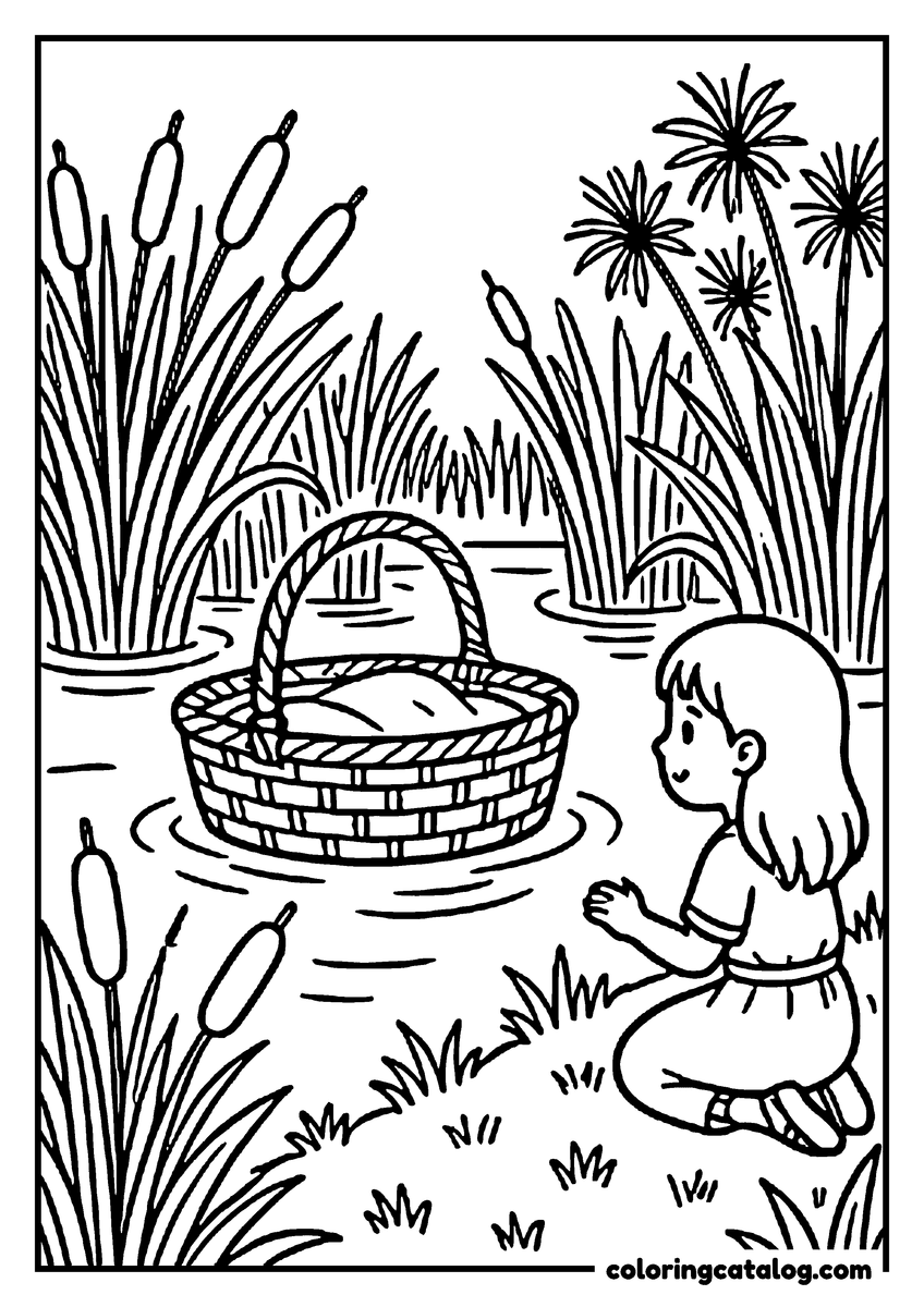 Printable Bible coloring page: Baby Moses tucked under a blanket in a woven basket floating among bulrushes and papyrus, his sister Miriam kneeling on the bank to watch over him