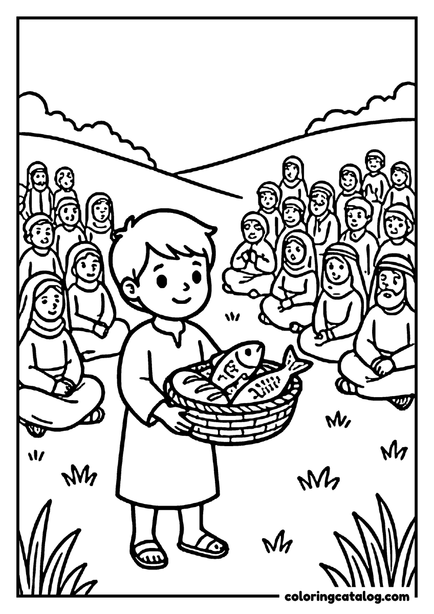 Bible coloring page: A boy holding out a basket of bread and fish in front of a large crowd sitting on the hillside
