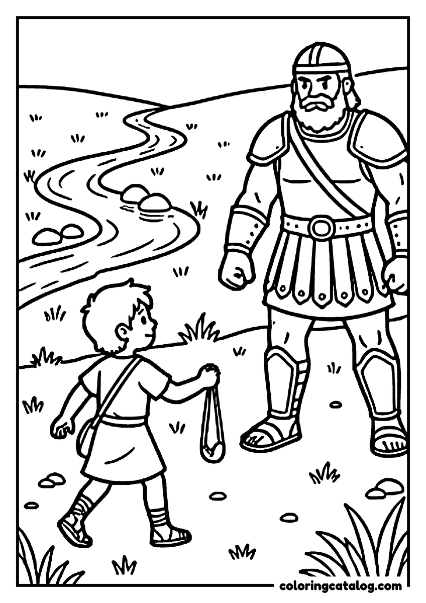 Bible coloring page: Young David stepping forward with his sling to face the giant Goliath in armor and helmet, a winding brook and smooth stones behind