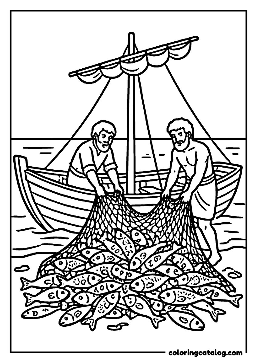 Printable Bible coloring page: Two disciples hauling a bulging net full of fish onto the shore beside their fishing boat, the mast and furled sail above them