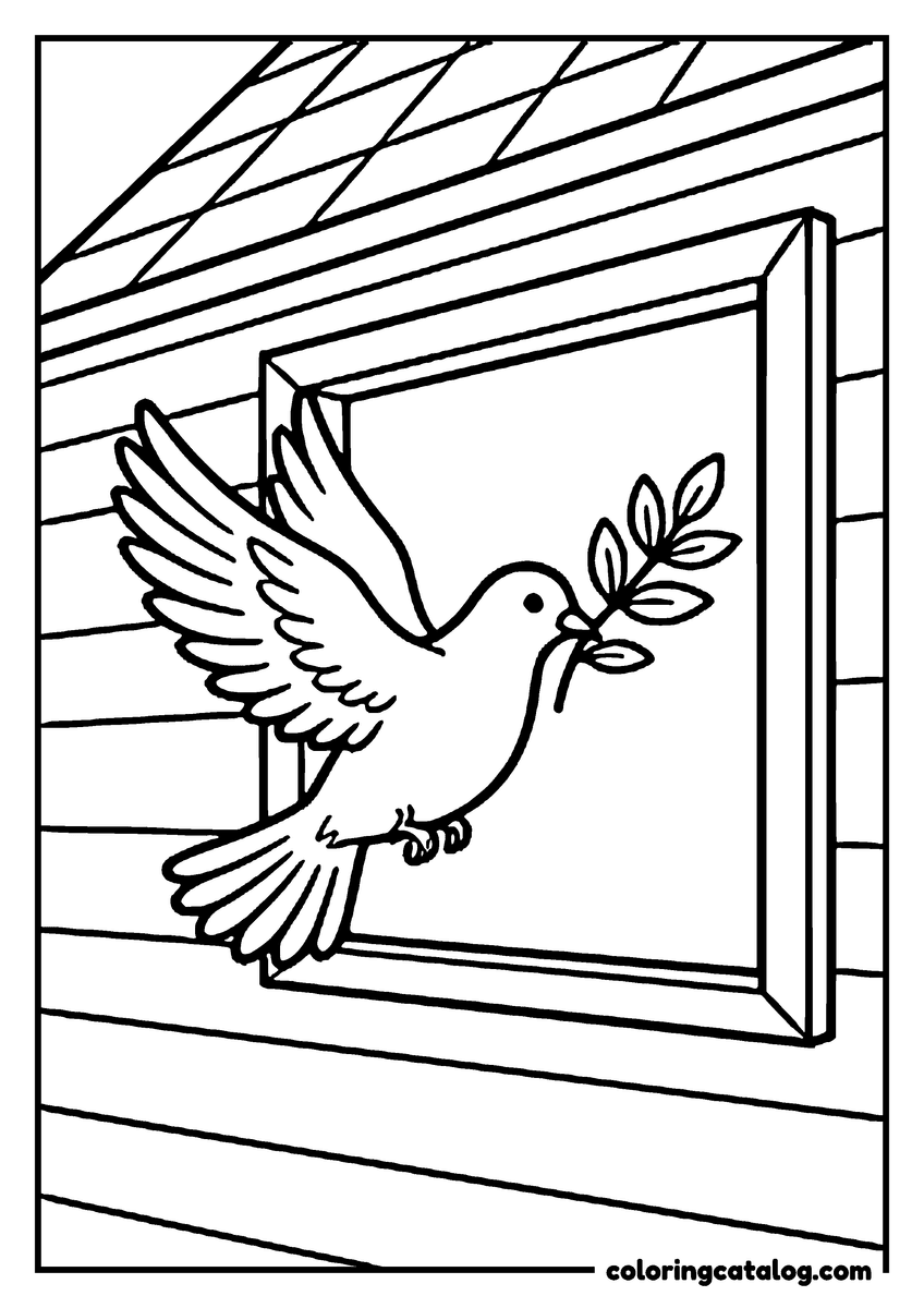 Printable Bible coloring page: A dove with an olive branch in its beak flying back to an open window of the ark, the planks of the hull drawn close up