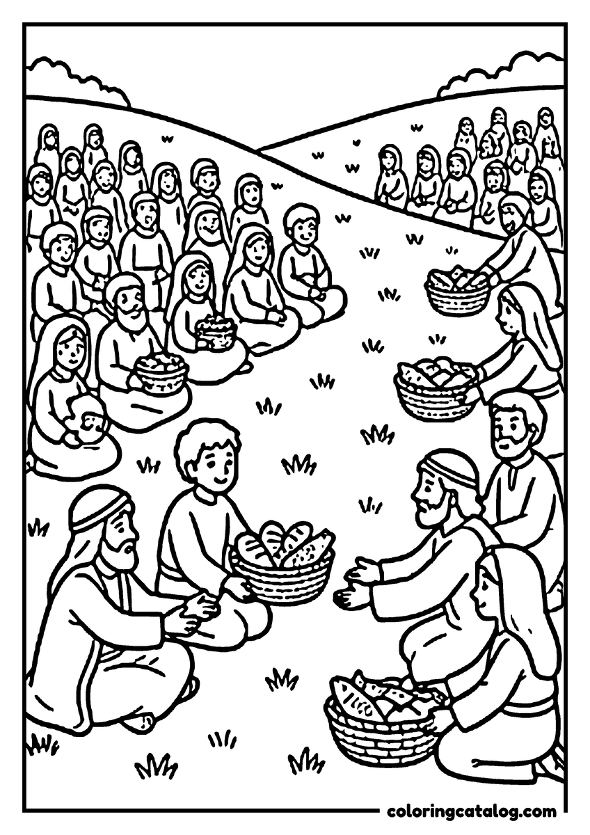 Printable Bible coloring page: Baskets of bread and fish passed from hand to hand among families sitting on the grass, a crowd reaching up the hillside behind